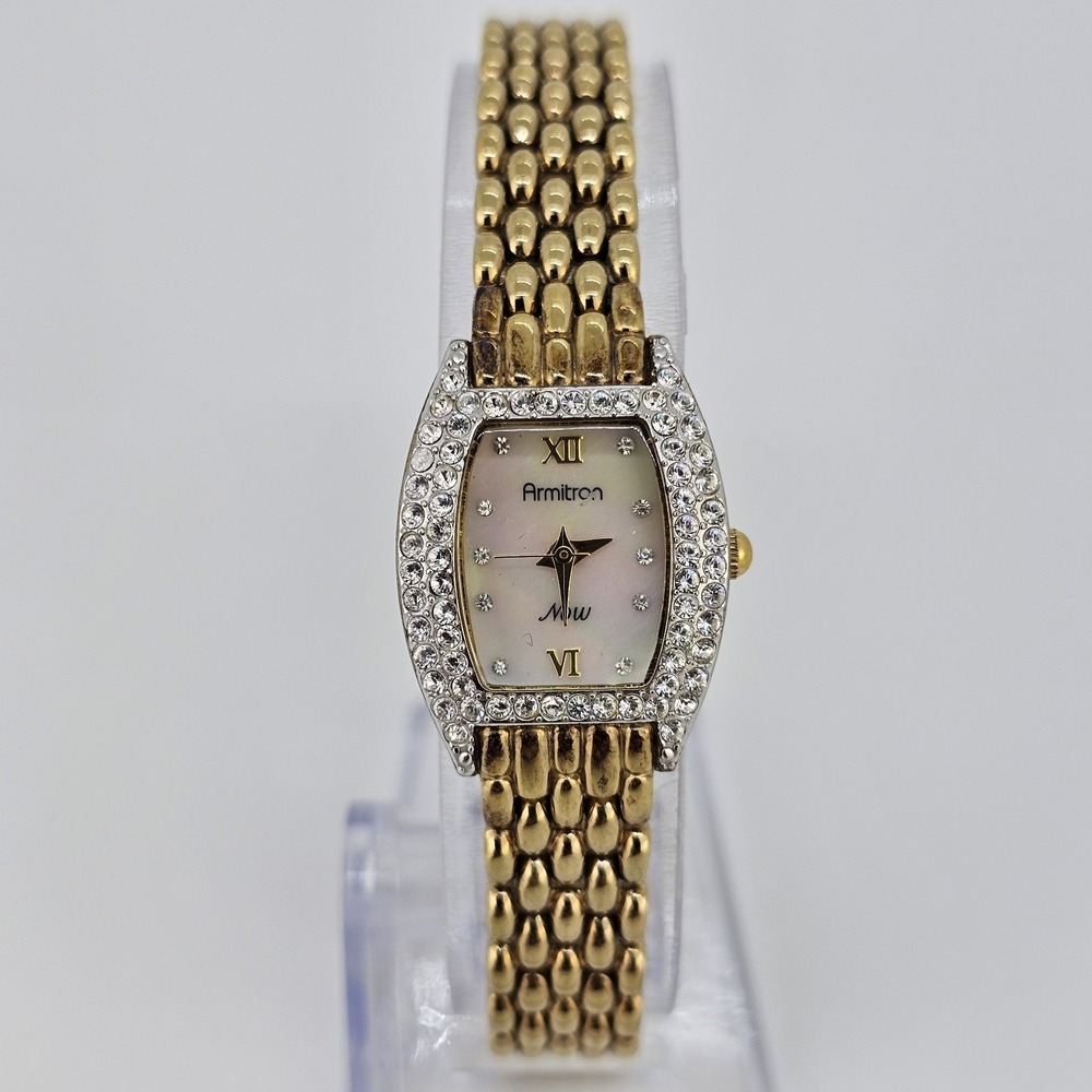 Armitron Women's Watch 19MM MOP Dial Crystal Bezel Gold Bracelet 6" New Battery - Picture 2 of 12